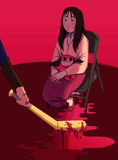 Paranoia Agent fanart featuring Tsukiko Sagi sitting in a chair with Maromi.